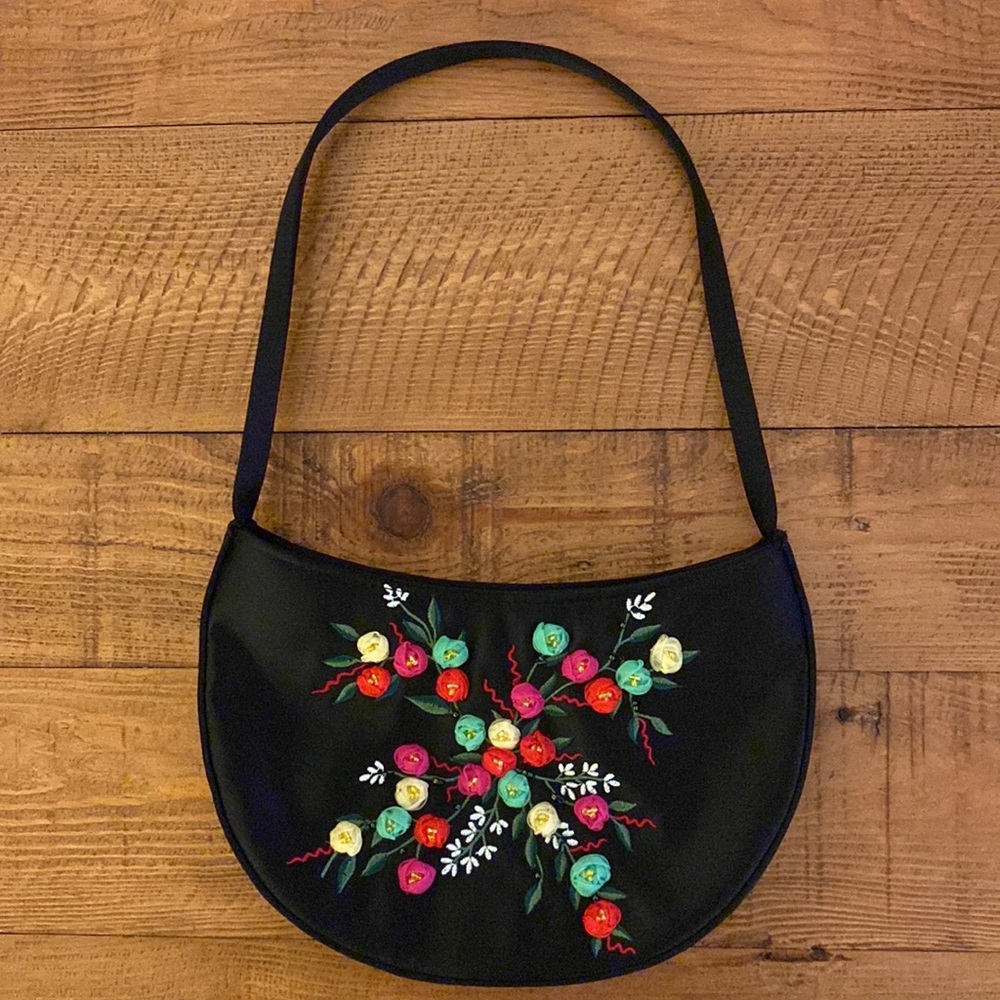 Lord & Taylor black satin evening bag with embroidered & beaded flower motif